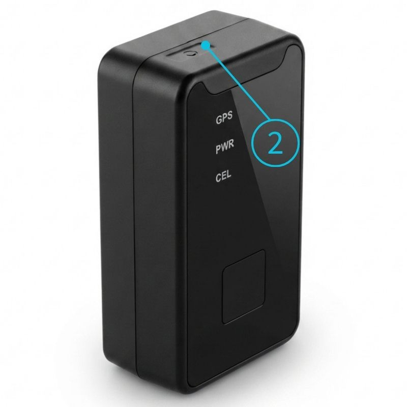 Бічна кнопка живлення GPS-трекера Queclink GL320MG, позначена цифрою 2