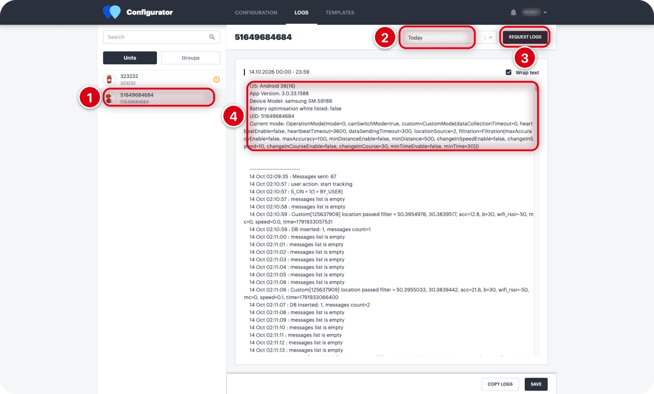 WiaTag Configurator, сторінка Logs: 1 — вибраний об'єкт, 2 — період, 3 — кнопка Request logs, 4 — журнал із телефона: система, версія застосунку, модель, режим роботи