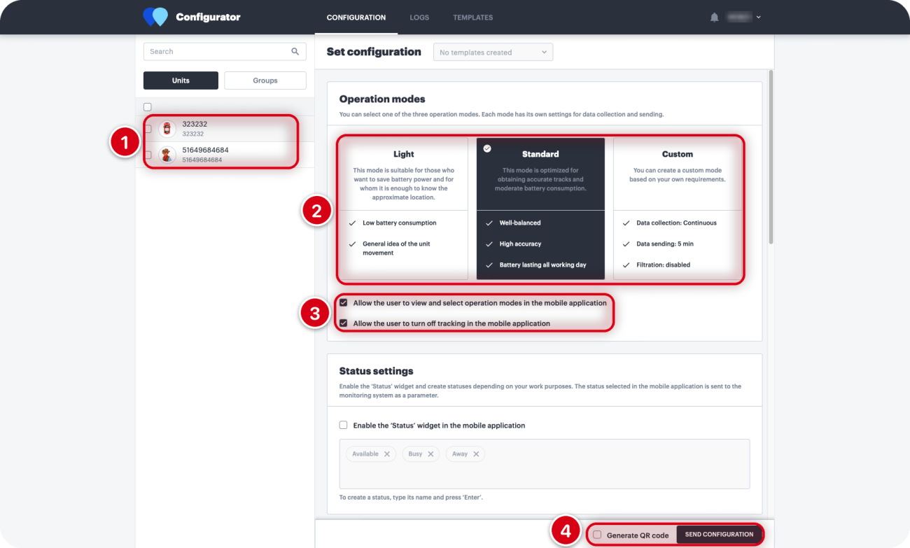 WiaTag Configurator: 1 — список об'єктів, 2 — режими роботи Light, Standard, Custom, 3 — дозволи для застосунку, 4 — Generate QR code і Send configuration