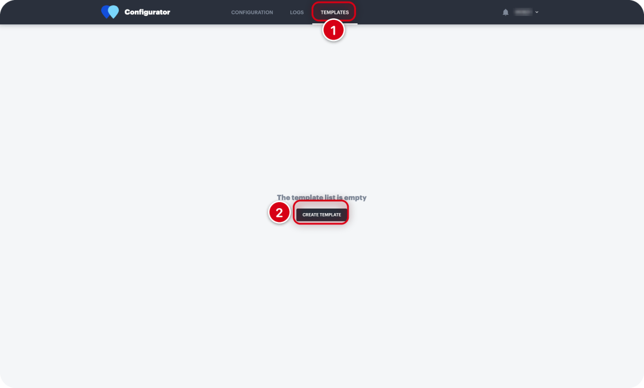 WiaTag Configurator, сторінка Templates: 1 — вкладка TEMPLATES, 2 — кнопка Create template