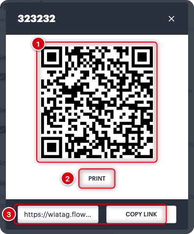Вікно WiaTag Configurator після надсилання конфігурації: 1 — QR-код для входу в WiaTag, 2 — кнопка PRINT для друку коду, 3 — посилання і кнопка COPY LINK