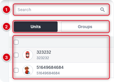 Список об'єктів у WiaTag Configurator: 1 — пошук за назвою або унікальним ID, 2 — перемикач Units і Groups, 3 — об'єкти з прапорцями для вибору