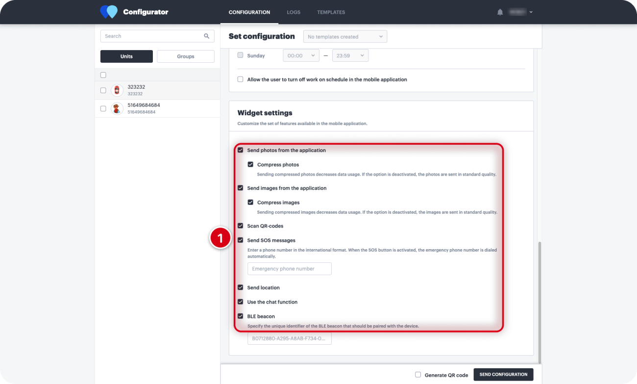 WiaTag Configurator, розділ Widget settings: 1 — віджети, доступні в застосунку: фото, зображення, QR-коди, SOS, місцезнаходження, чат, BLE-маячок