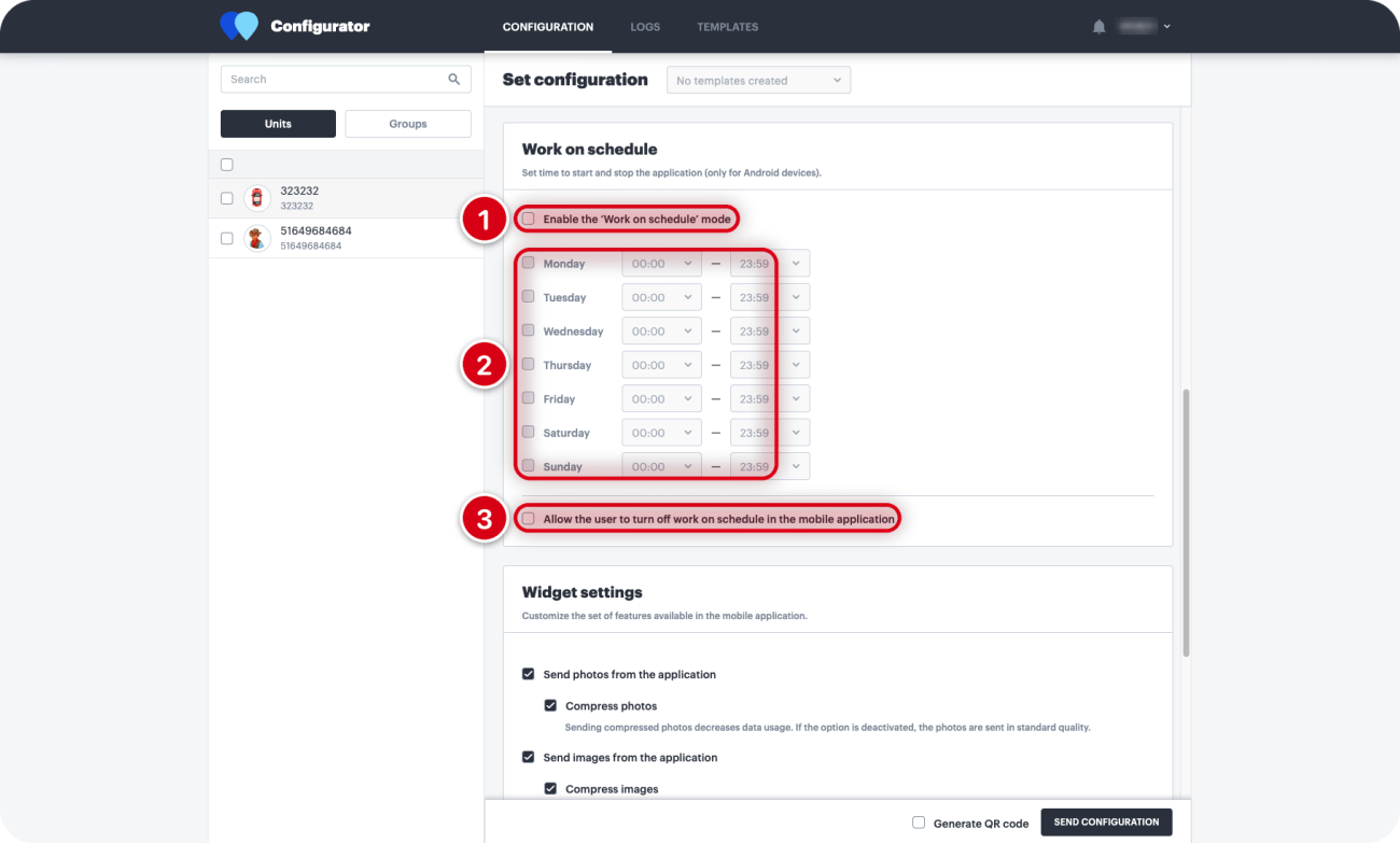 WiaTag Configurator, розділ Work on schedule: 1 — увімкнення роботи за графіком, 2 — дні й години, 3 — дозвіл вимикати графік у застосунку