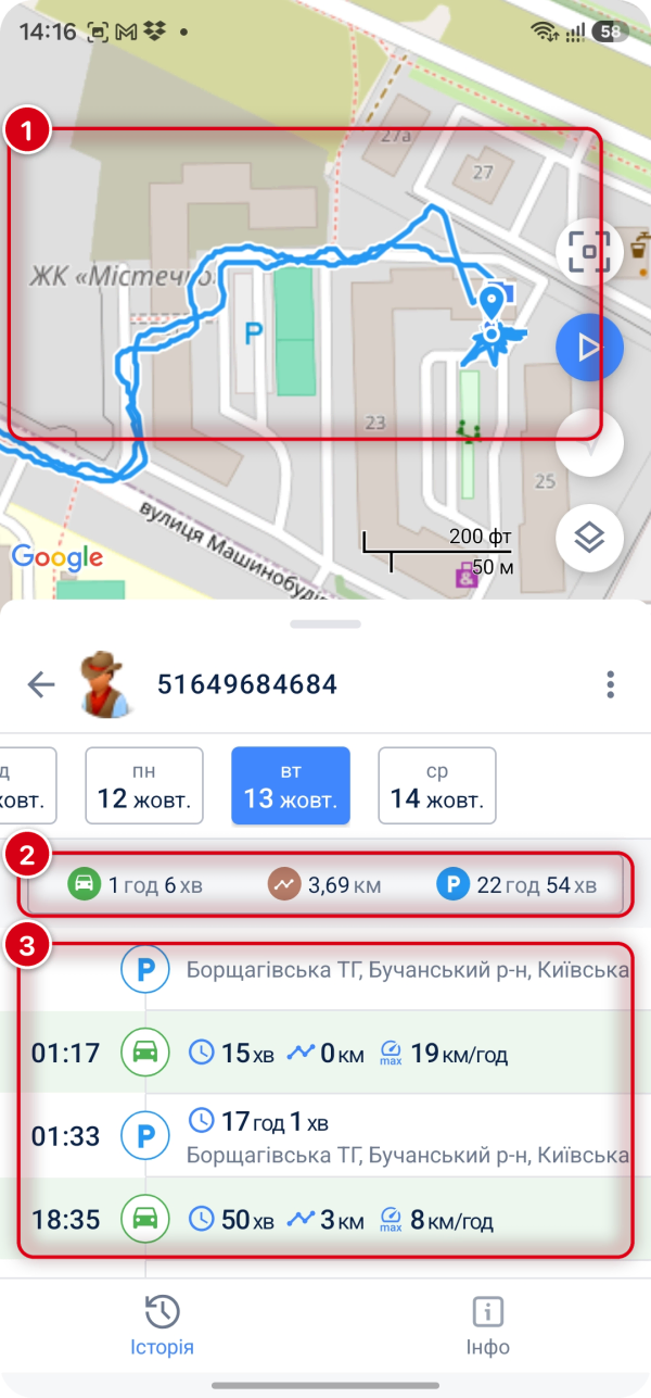 Історія об'єкта-телефона в застосунку Wialon на Android: 1 — трек на карті, 2 — підсумок дня: у русі, пробіг, стоянки, 3 — поїздки й стоянки з часом і адресою